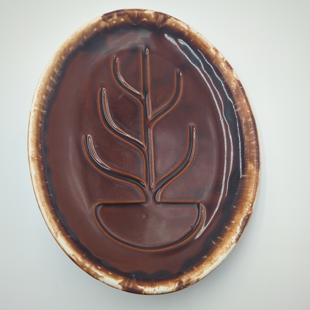 McCoy Pottery Platter Brown Drip Glaze Oval Tree of Life 7018 USA Medium 11x8in